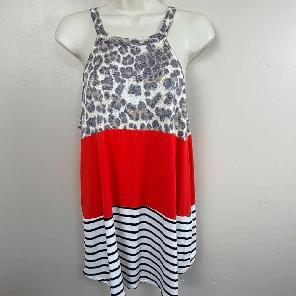 CY Fashion Tank Top Womens‎ Medium Red Leopard Striped Colorblock Halter Tunic